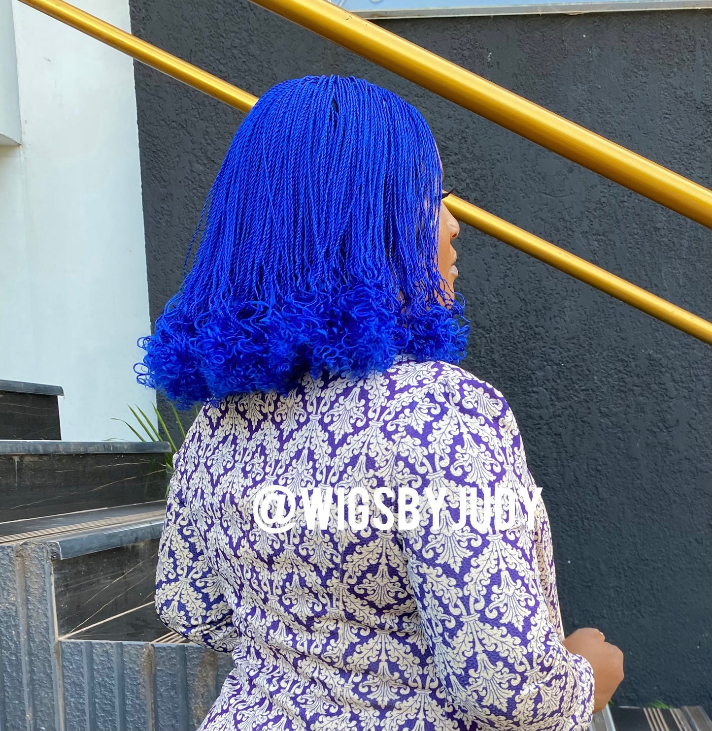 Blue colour curled Bob wig, Closure wig Nano twist