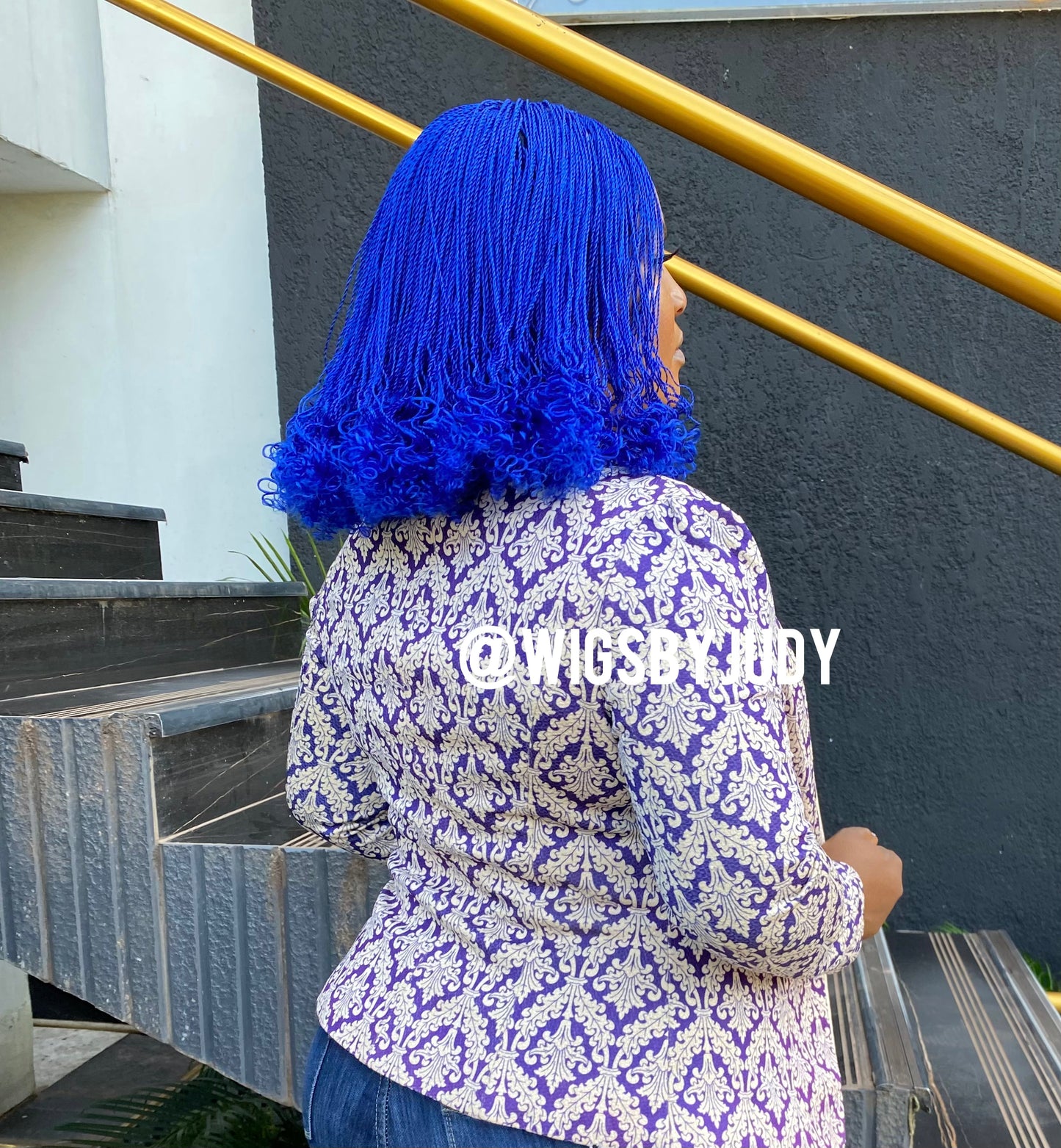 Blue colour curled Bob wig, Closure wig Nano twist