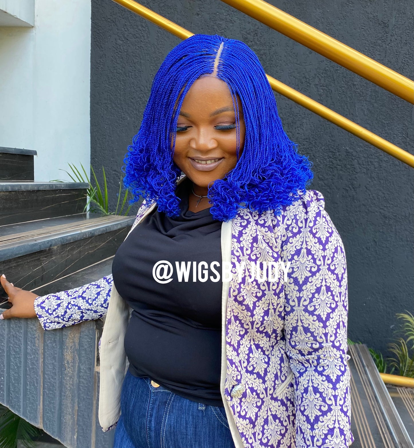 Blue colour curled Bob wig, Closure wig Nano twist