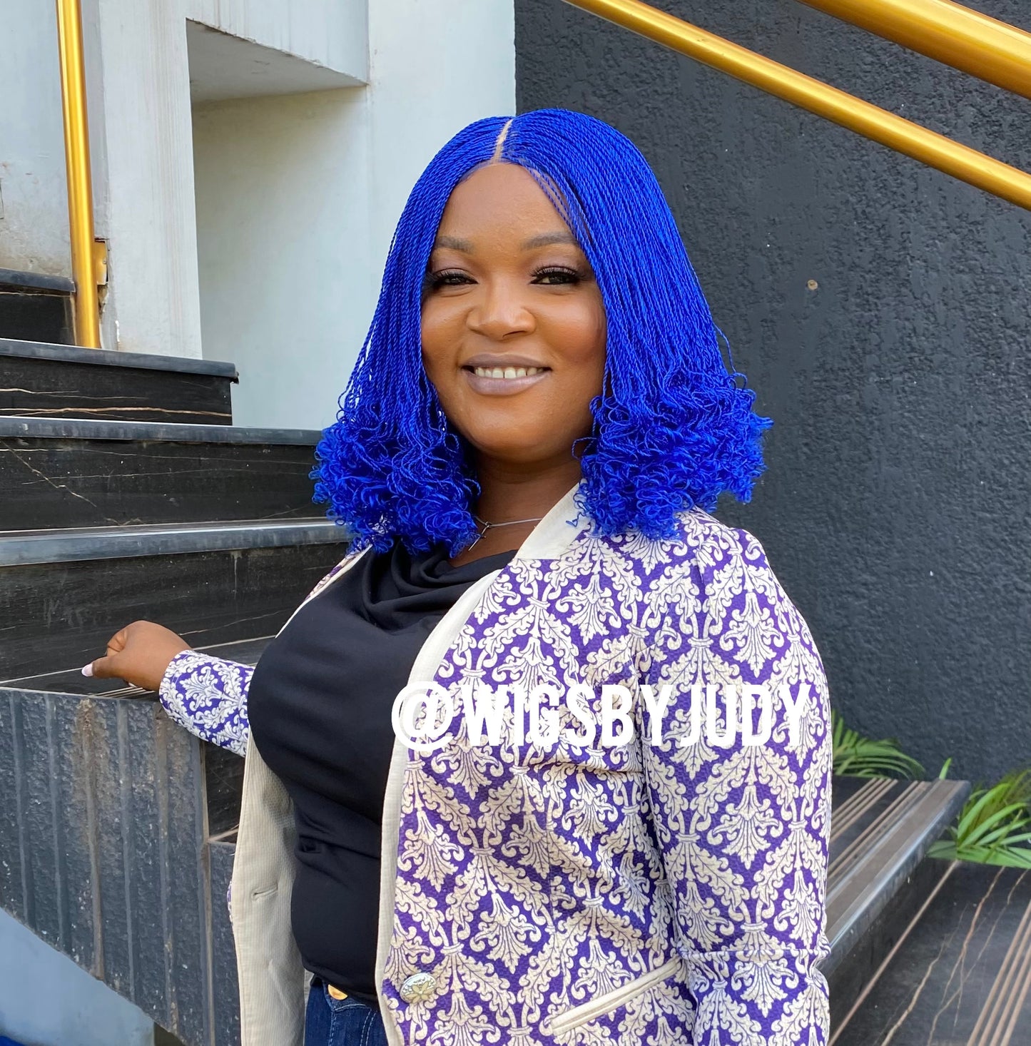 Blue colour curled Bob wig, Closure wig Nano twist