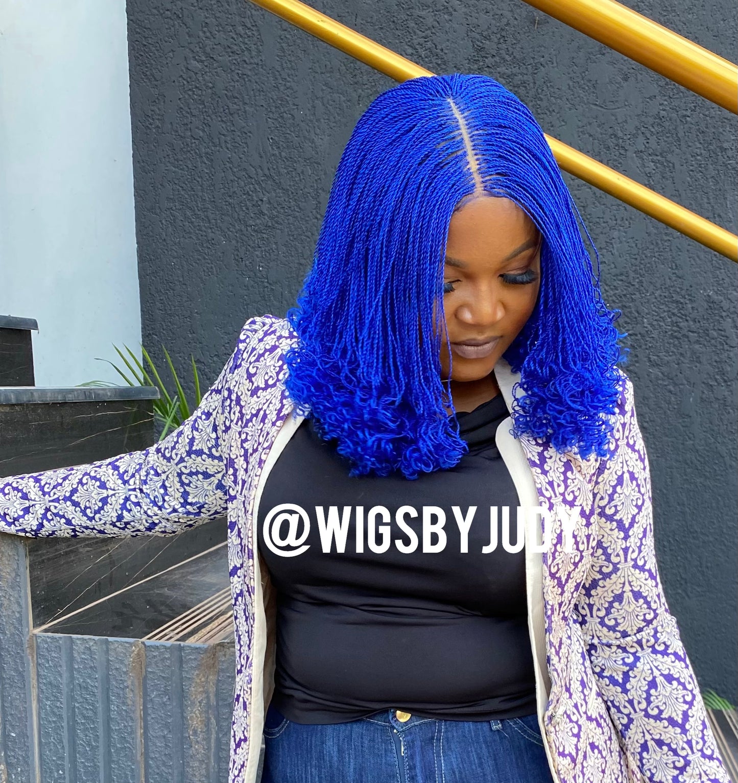 Blue colour curled Bob wig, Closure wig Nano twist