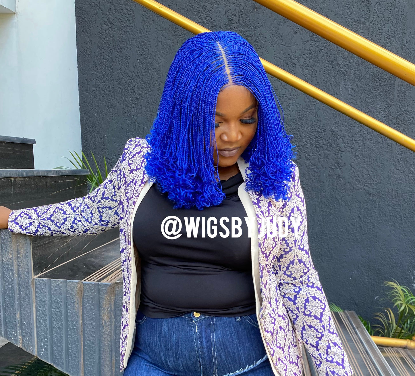 Blue colour curled Bob wig, Closure wig Nano twist