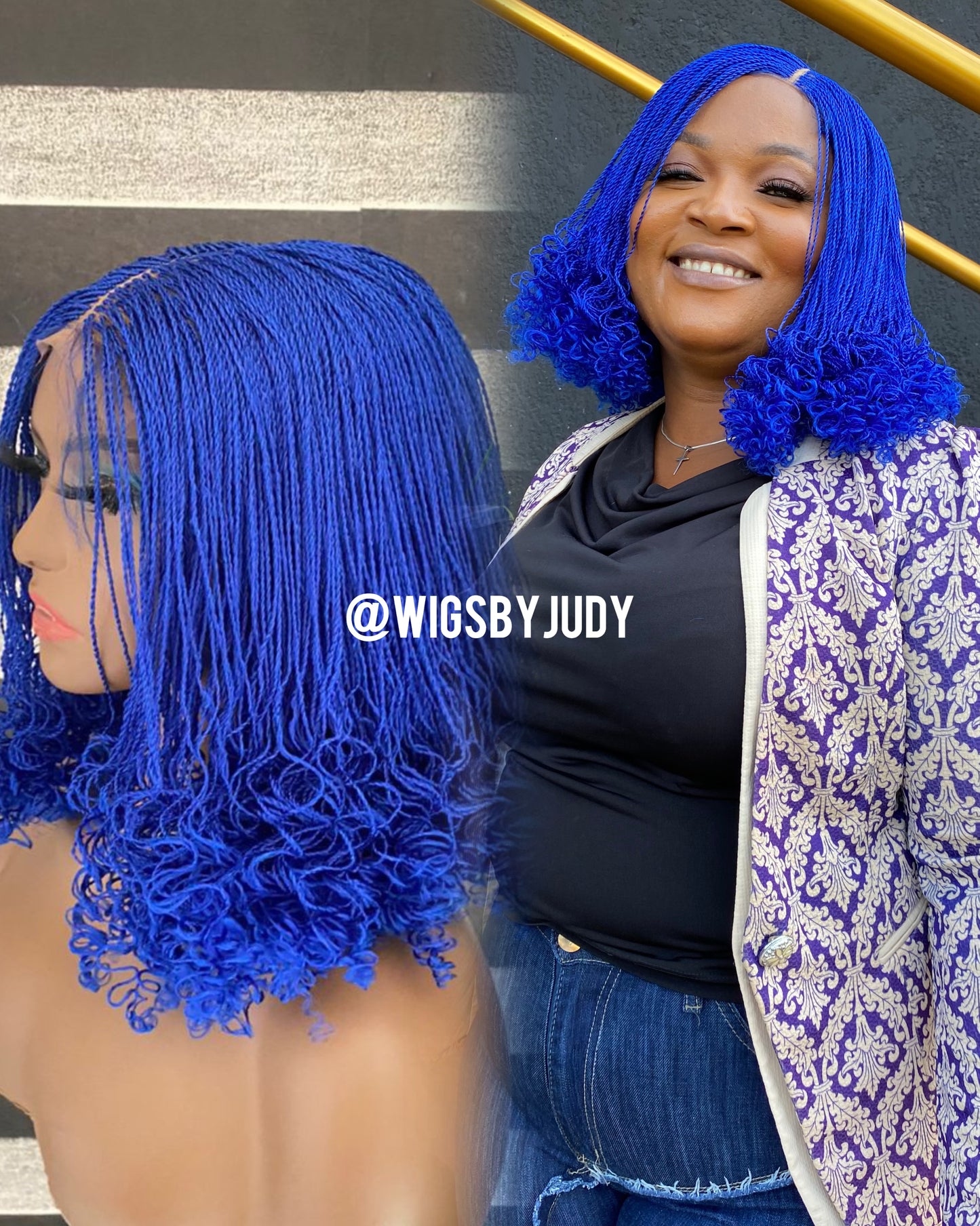 Blue colour curled Bob wig, Closure wig Nano twist