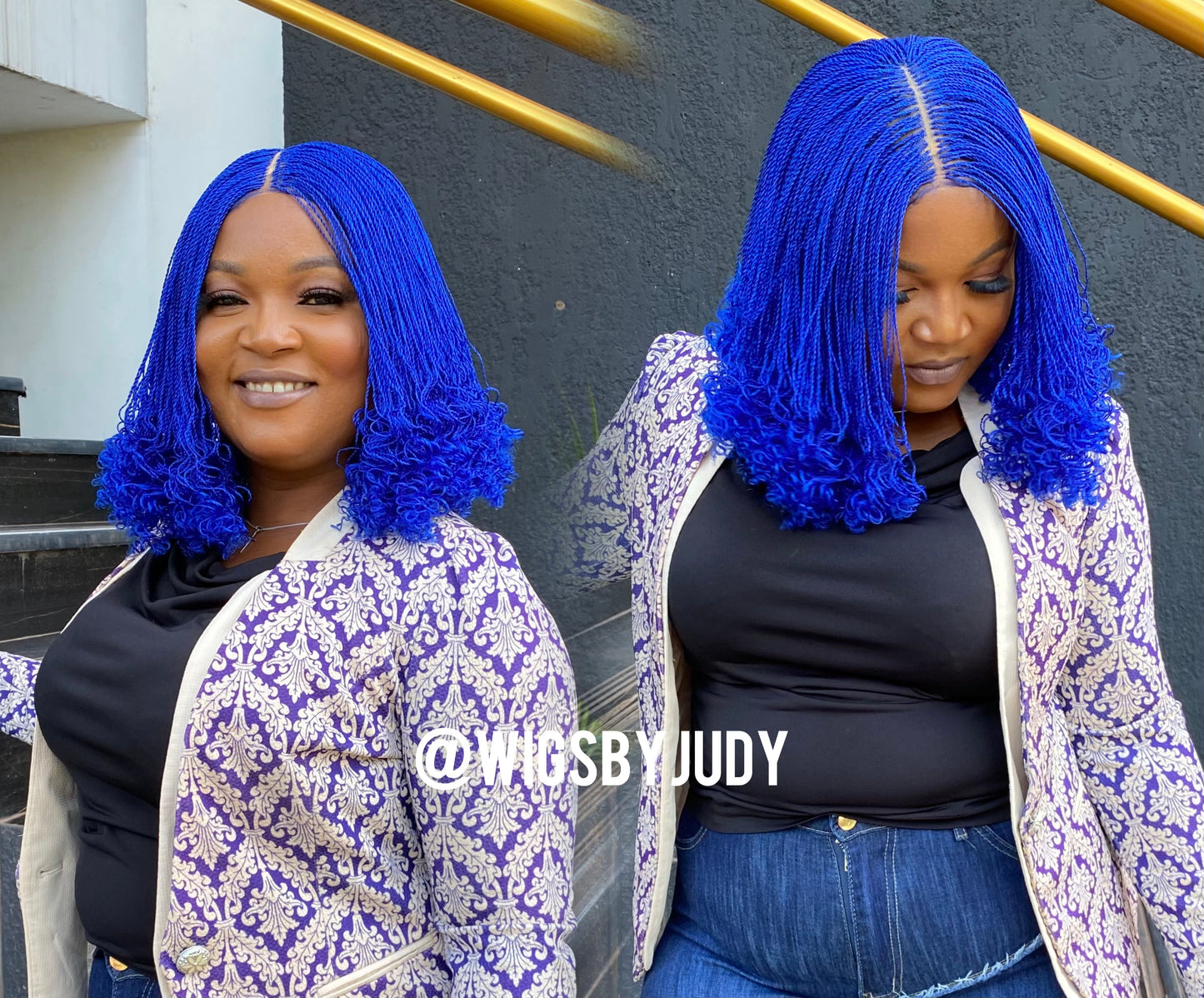 Blue colour curled Bob wig, Closure wig Nano twist