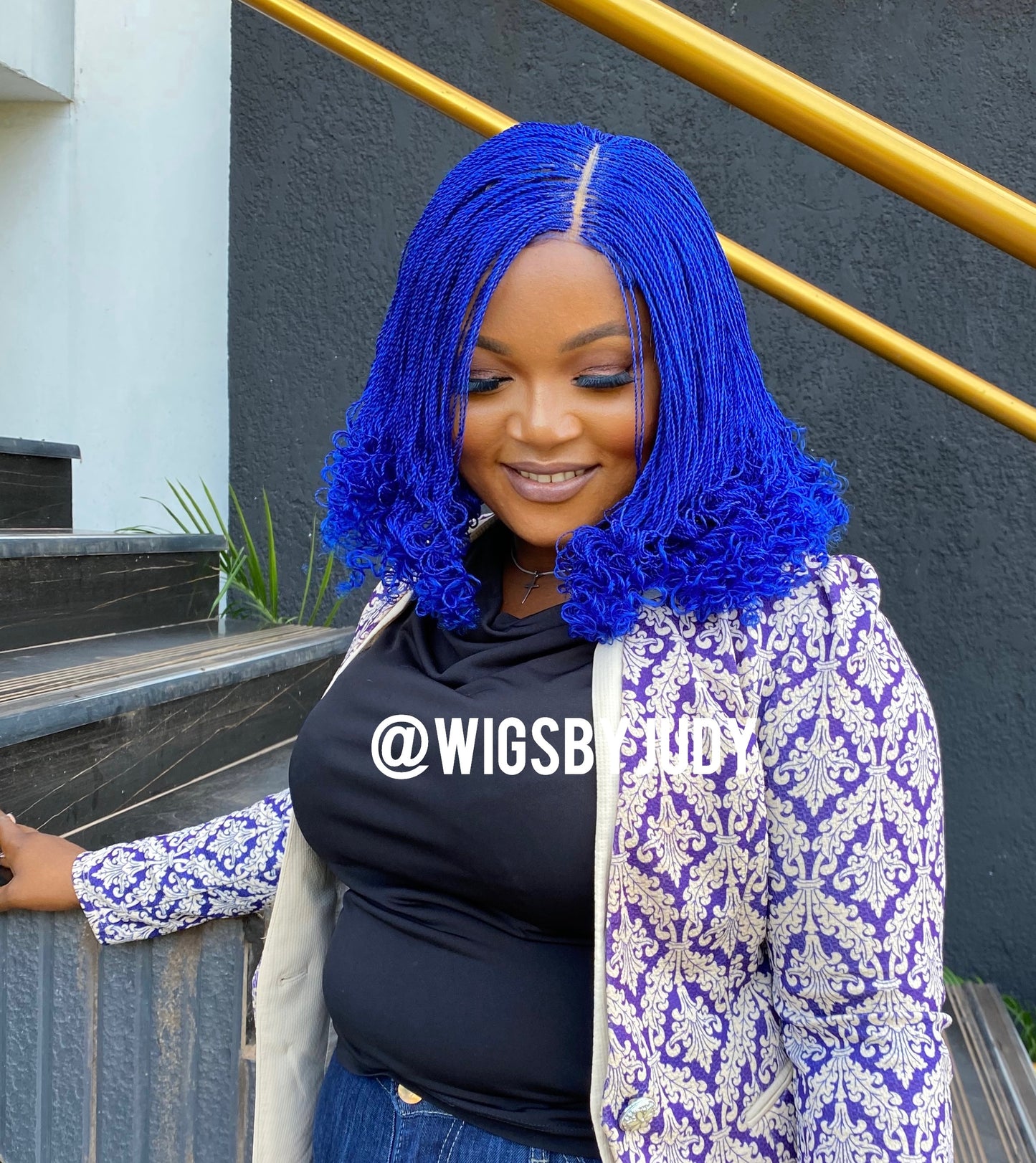 Blue colour curled Bob wig, Closure wig Nano twist